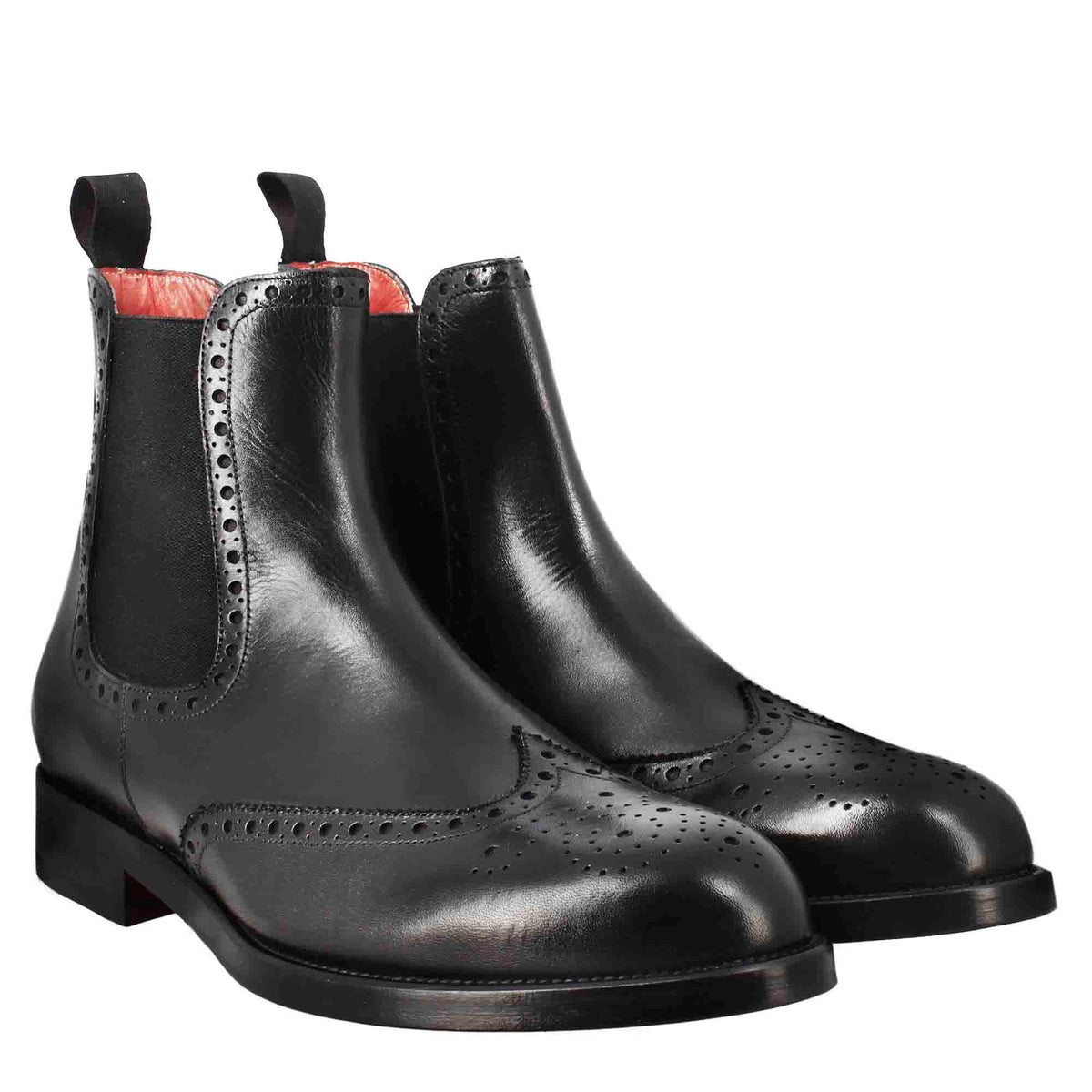 Chelsea boot with brogue details for men in black leather with elastic