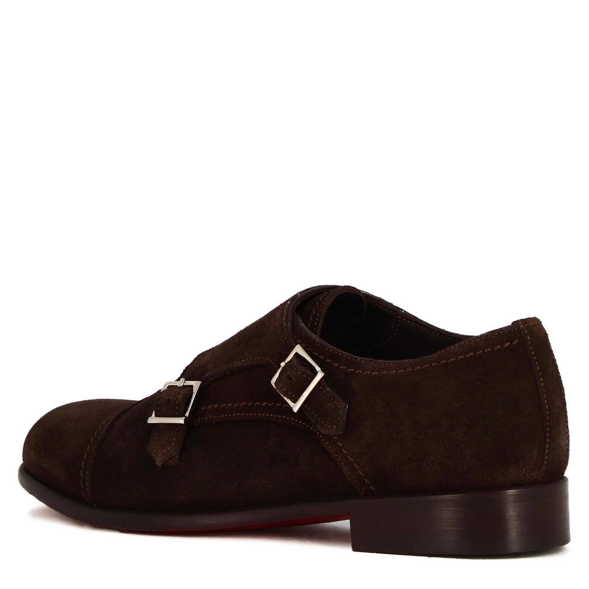 Men's double buckle shoe in dark brown suede