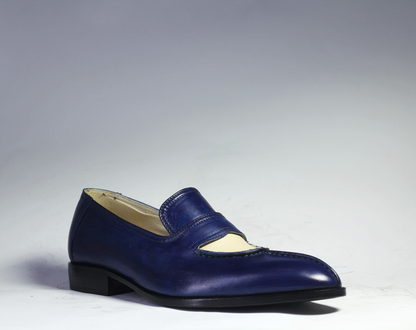Men's Blue & Beige Patina Leather Moccasin Loafers
