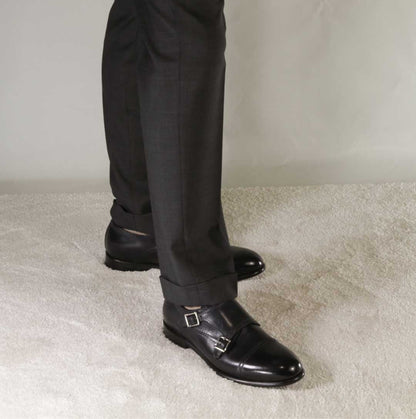 Men's double buckle shoe in dark blue smooth leather